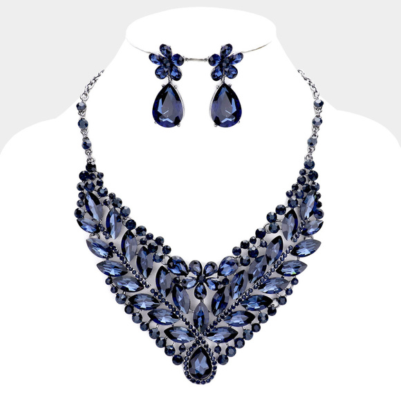 Jewelry - Stone Cluster Leaf Evening Necklace Earrings Jewelry - Stone Cluster Leaf Evening Necklace Earrings